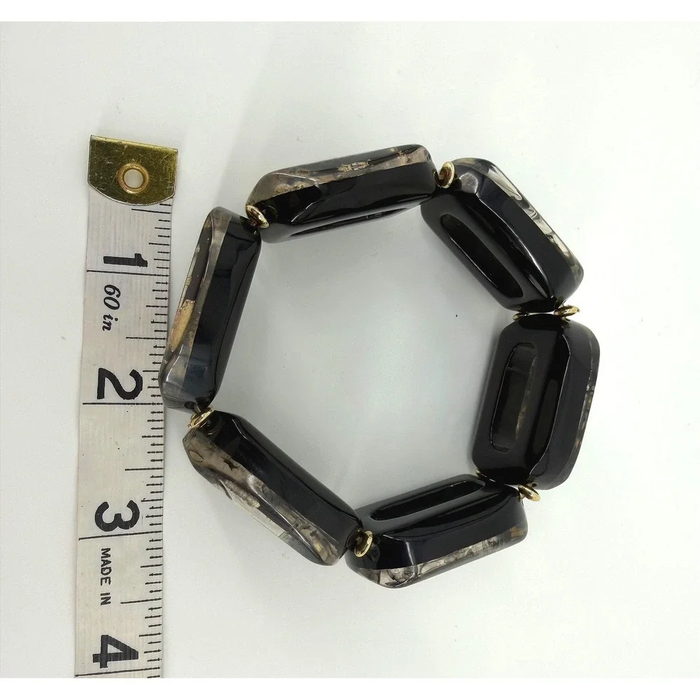 Black and Gold Leaf Resin Chunky Stretch Bracelet Statement Rectangular Link